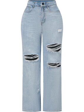 High-Waisted Wide Leg Distressed Denim Jeans for Women - Stretchy & Stylish